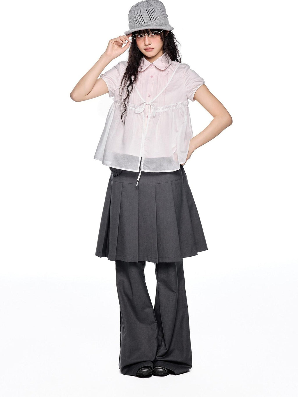 EZEK Pink Doll Collar Spliced Mesh Bow Women's Polyester Short Sleeve T-shirts