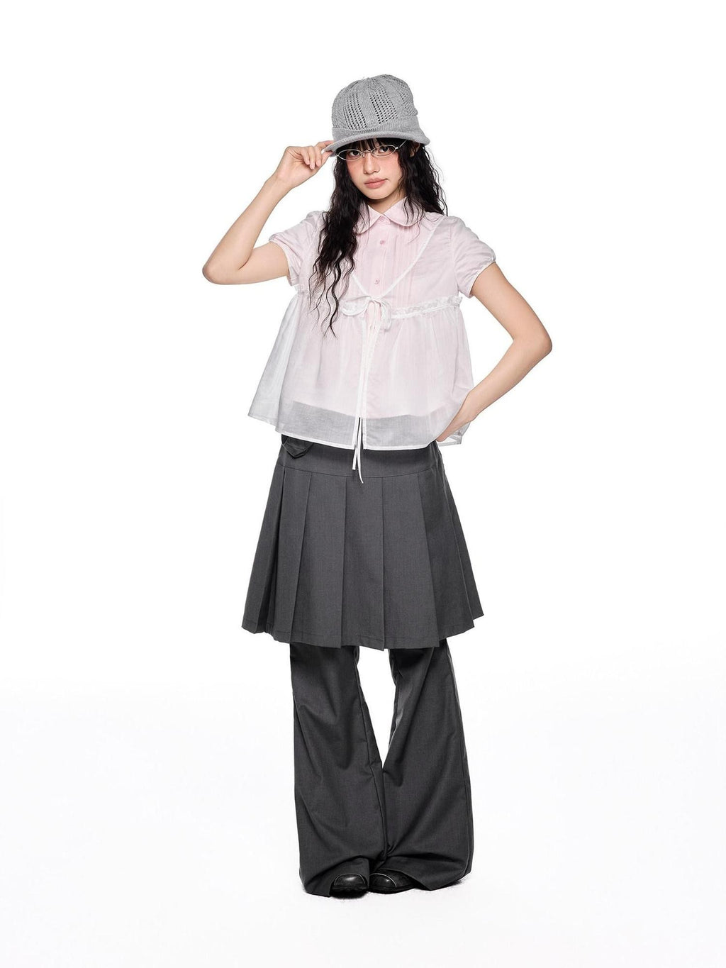 EZEK Pink Doll Collar Spliced Mesh Bow Women's Polyester Short Sleeve T-shirts