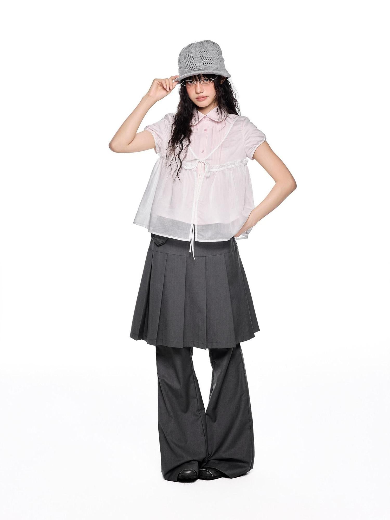 EZEK Pink Doll Collar Spliced Mesh Bow Women's Polyester Short Sleeve T-shirts
