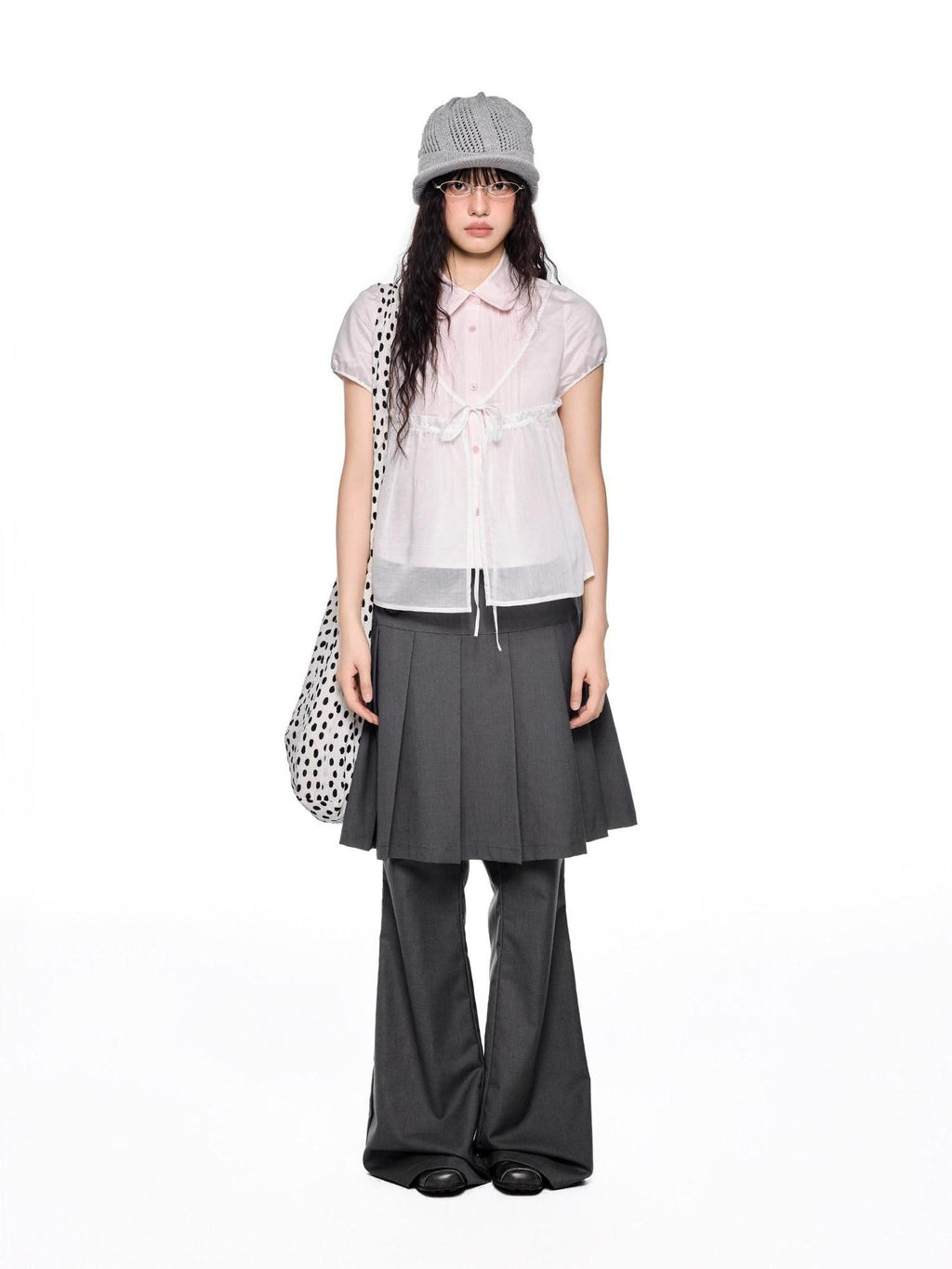 EZEK Pink Doll Collar Spliced Mesh Bow Women's Polyester Short Sleeve T-shirts
