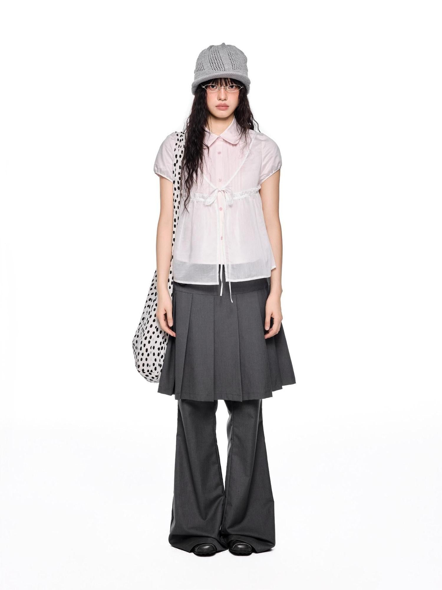 EZEK Pink Doll Collar Spliced Mesh Bow Women's Polyester Short Sleeve T-shirts