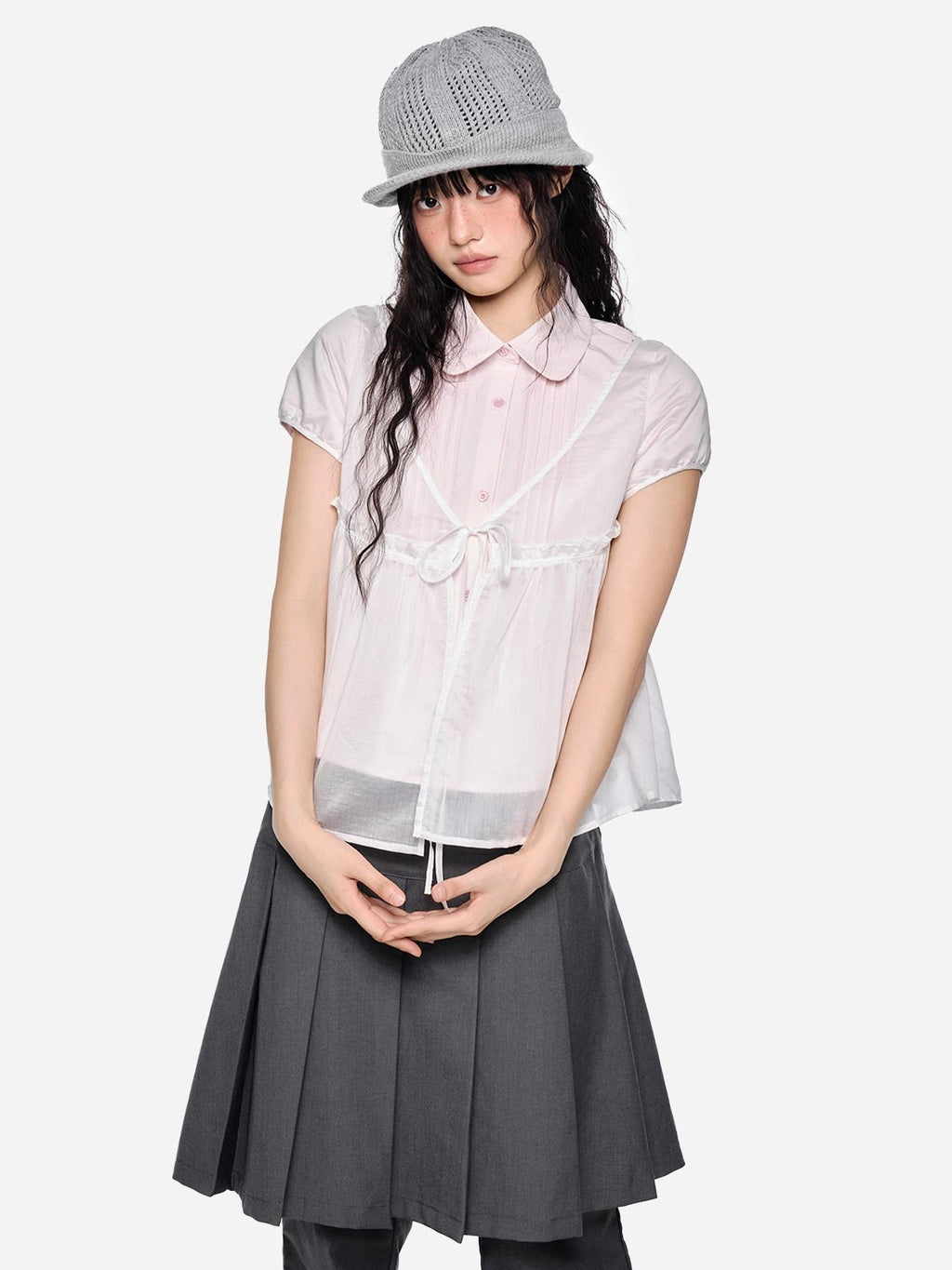 EZEK Pink Doll Collar Spliced Mesh Bow Women's Polyester Short Sleeve T-shirts