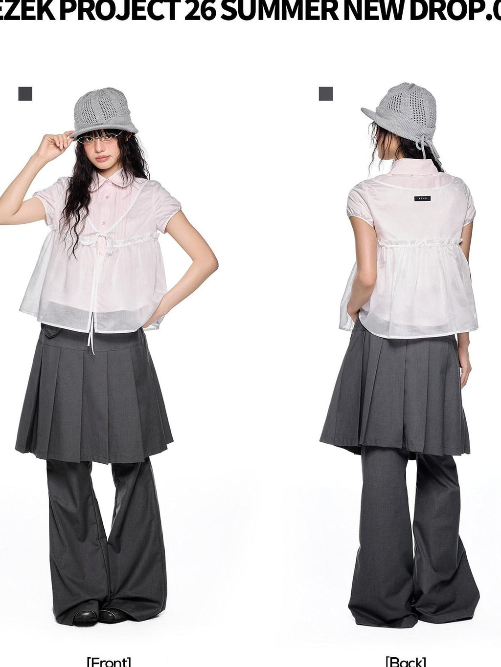 EZEK Pink Doll Collar Spliced Mesh Bow Women's Polyester Short Sleeve T-shirts