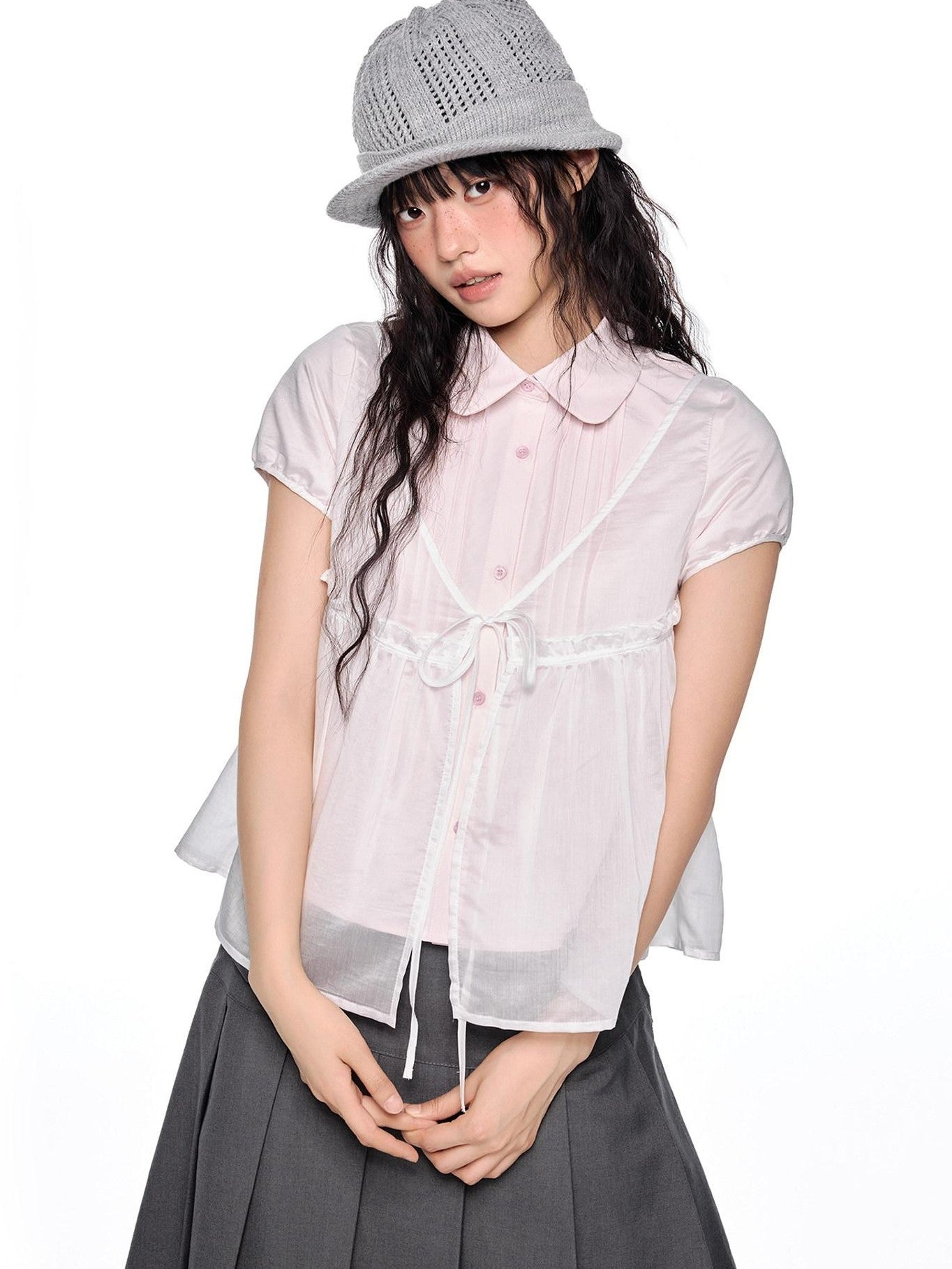 EZEK Pink Doll Collar Spliced Mesh Bow Women's Polyester Short Sleeve T-shirts