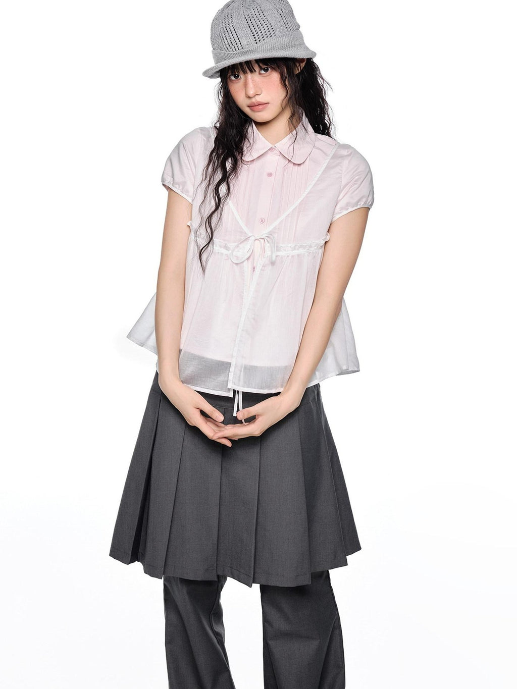 EZEK Pink Doll Collar Spliced Mesh Bow Women's Polyester Short Sleeve T-shirts