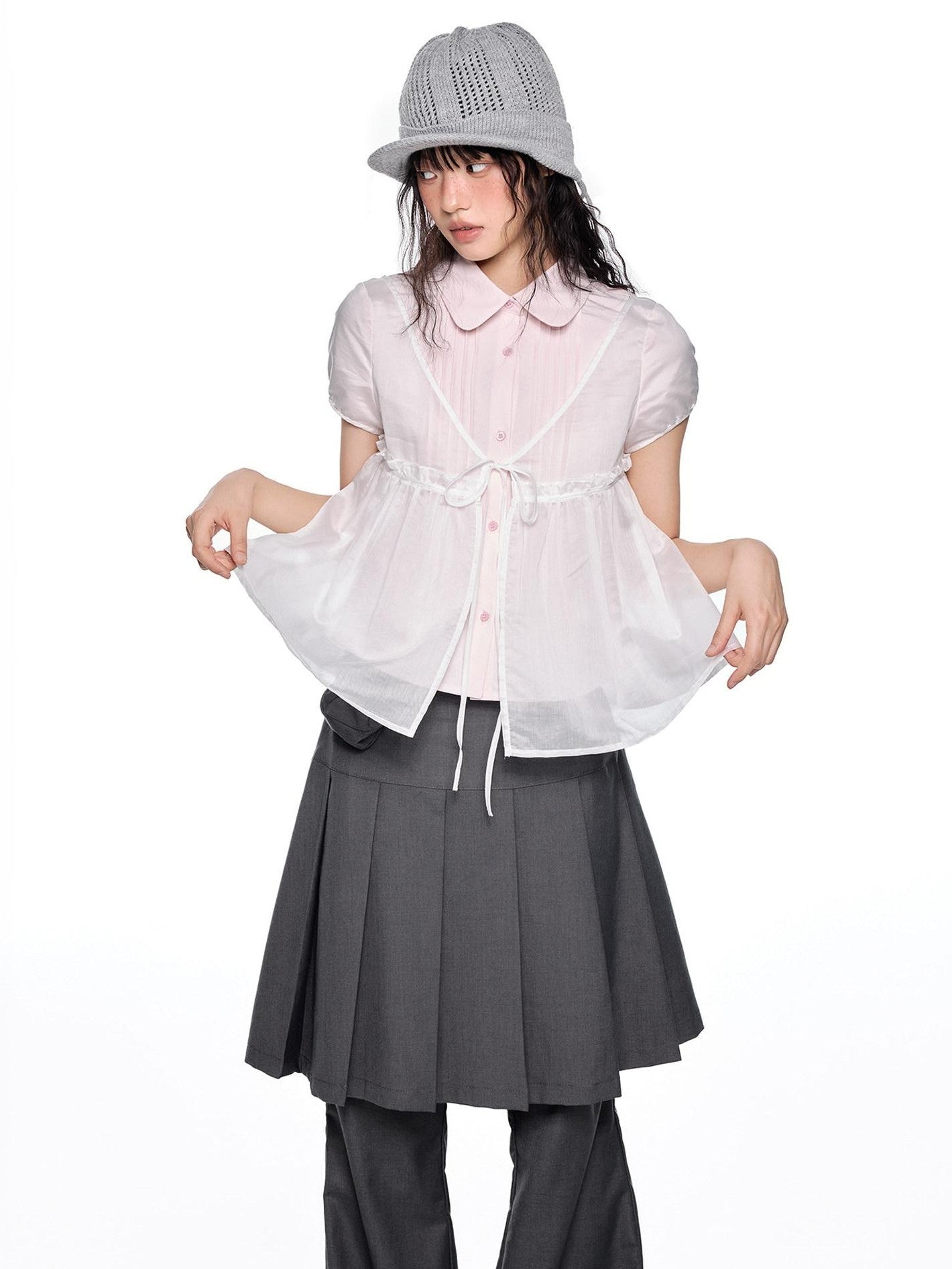 EZEK Pink Doll Collar Spliced Mesh Bow Women's Polyester Short Sleeve T-shirts