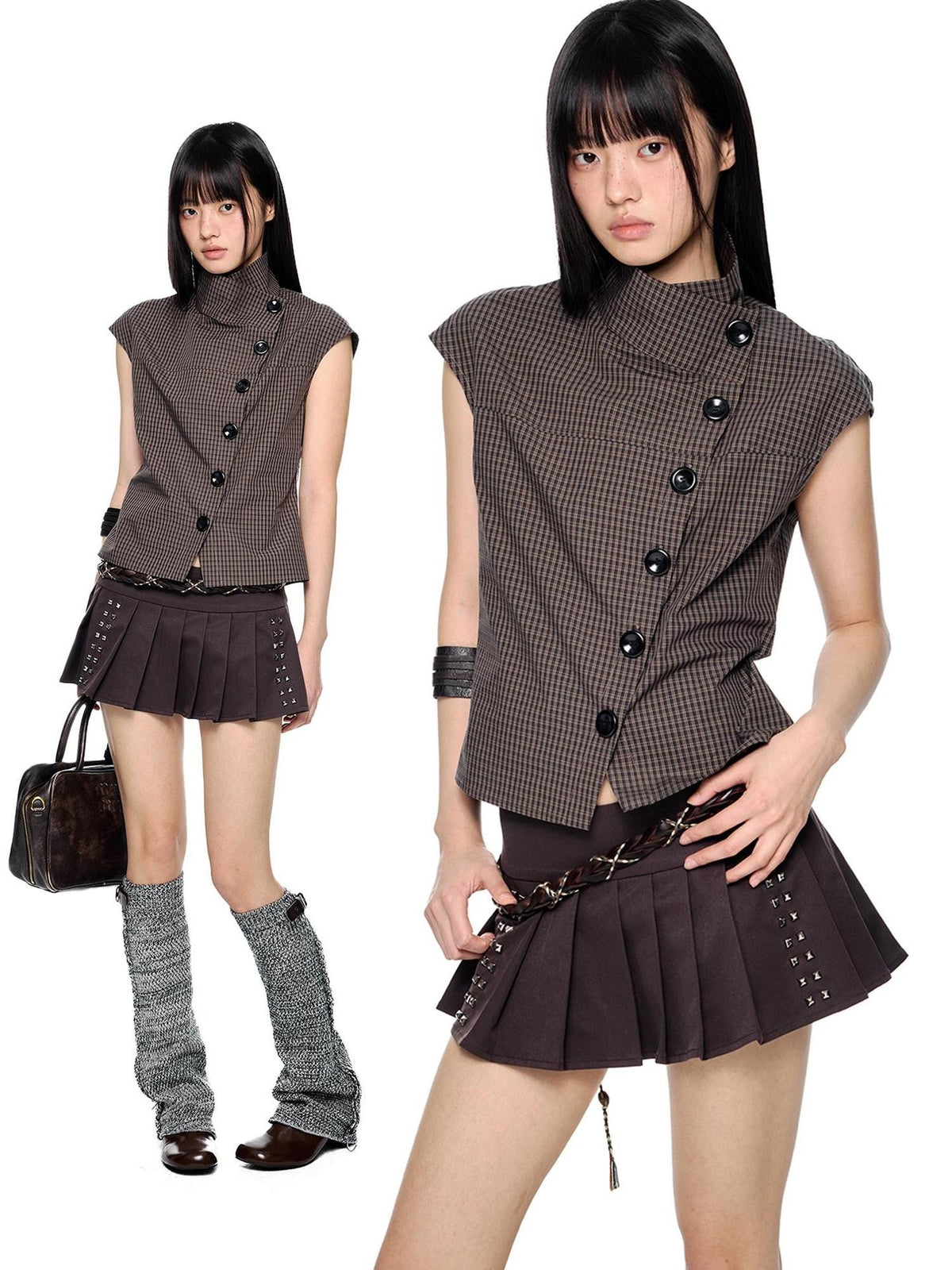 EZEK Plaid Button Down Collar Short Sleeve Cotton Women's Blouses