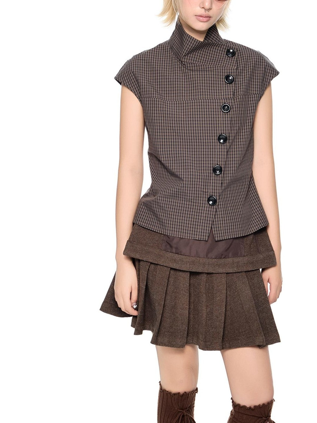 EZEK Plaid Button Down Collar Short Sleeve Cotton Women's Blouses