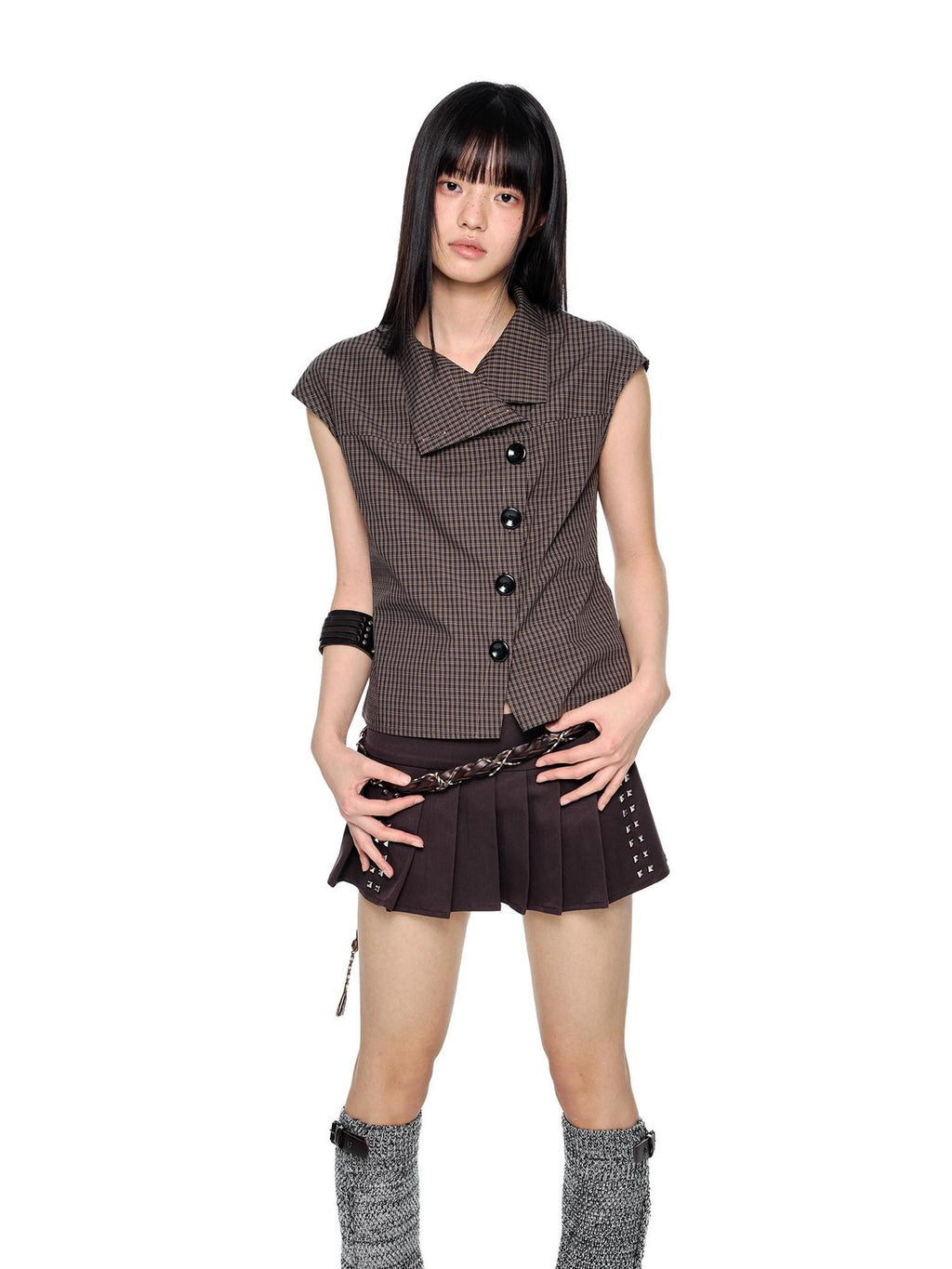 EZEK Plaid Button Down Collar Short Sleeve Cotton Women's Blouses