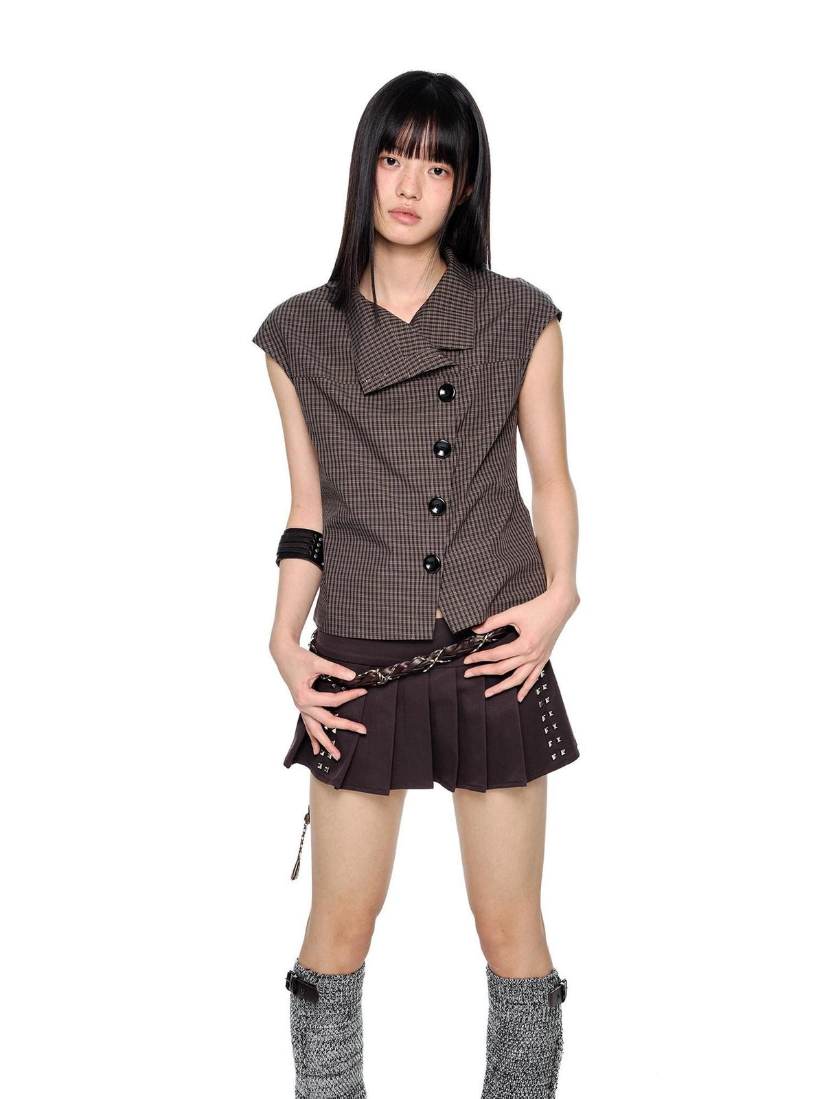 EZEK Plaid Button Down Collar Short Sleeve Cotton Women's Blouses