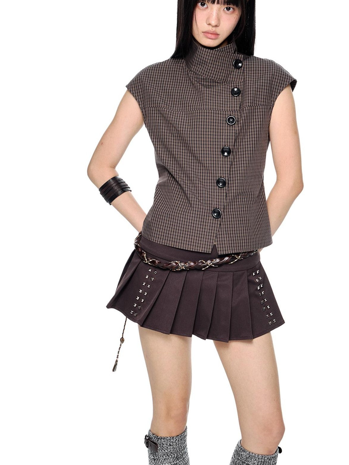 EZEK Plaid Button Down Collar Short Sleeve Cotton Women's Blouses