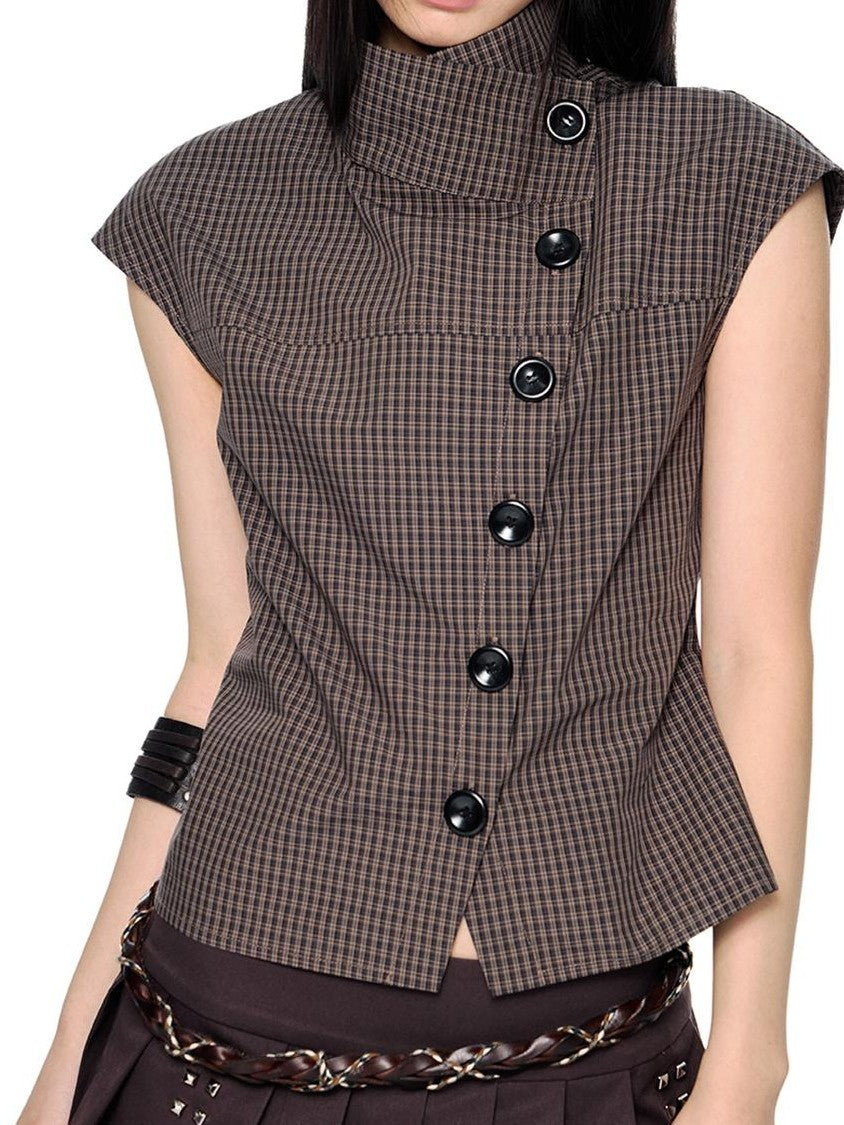 EZEK Plaid Button Down Collar Short Sleeve Cotton Women's Blouses
