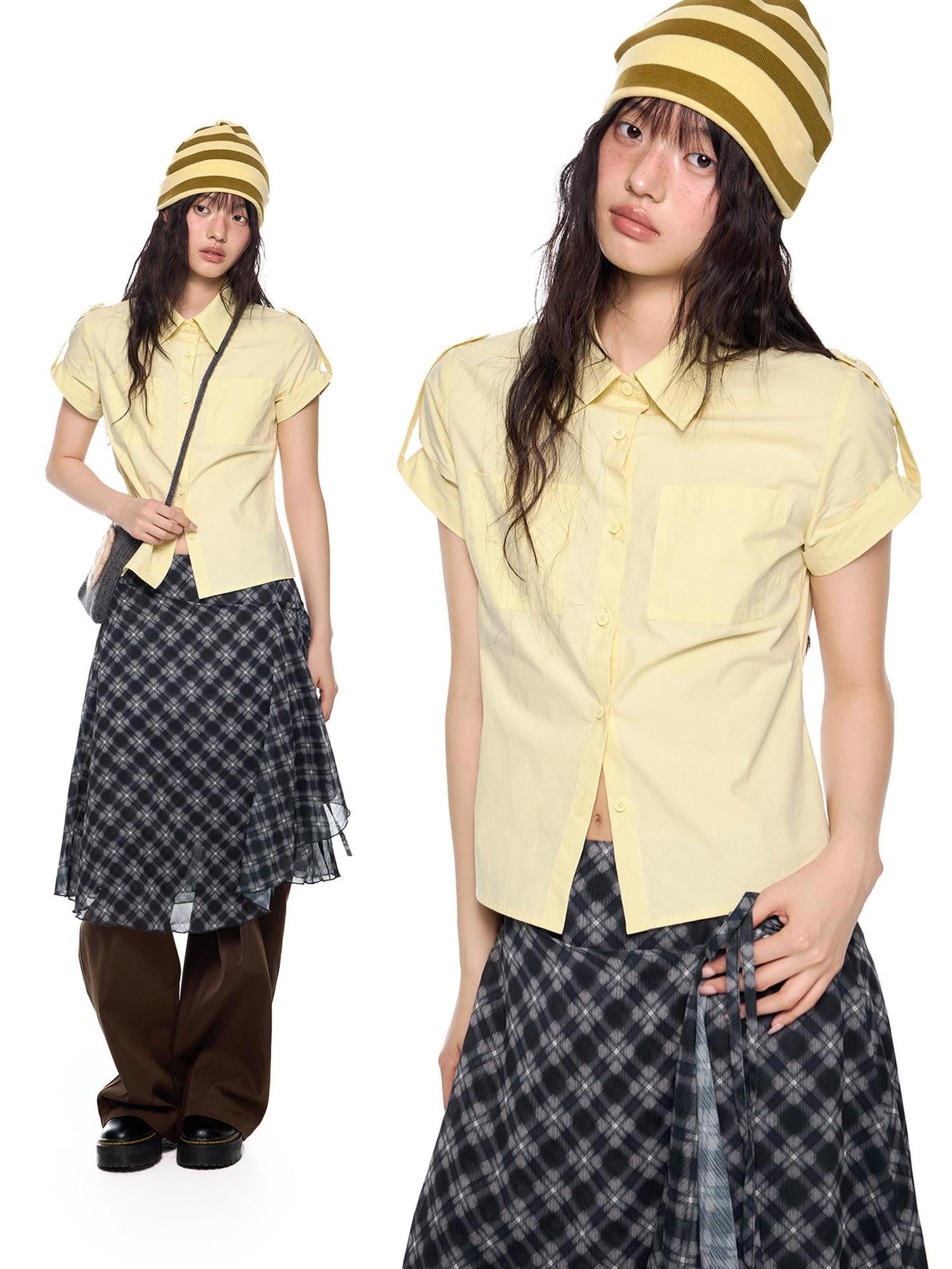 EZEK Plaid Buttoned Collared Women's Cotton Cropped Slim Fit Short Sleeve T-shirts