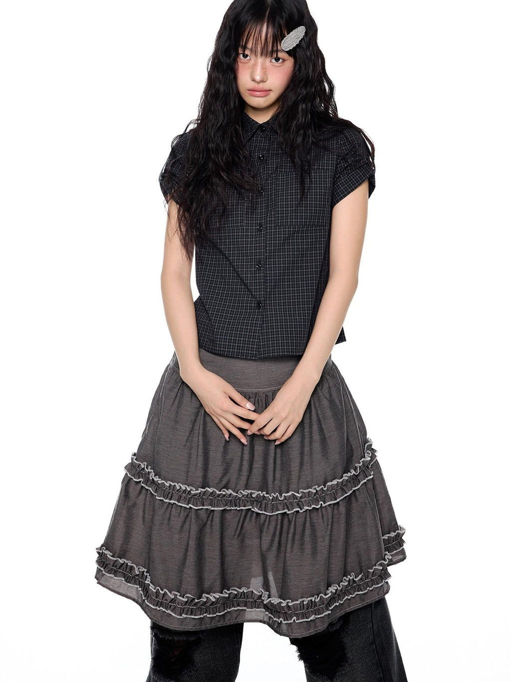 EZEK Plaid Buttoned Collared Women's Cotton Cropped Slim Fit Short Sleeve T-shirts