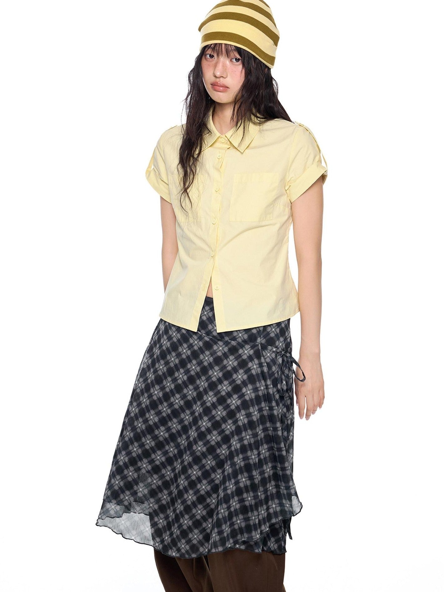 EZEK Plaid Buttoned Collared Women's Cotton Cropped Slim Fit Short Sleeve T-shirts