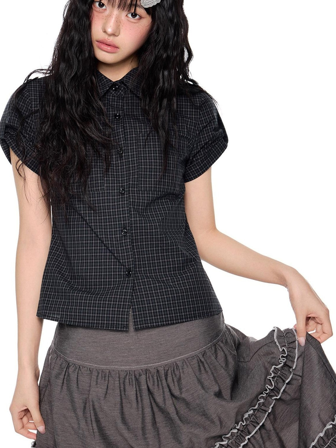 EZEK Plaid Buttoned Collared Women's Cotton Cropped Slim Fit Short Sleeve T-shirts