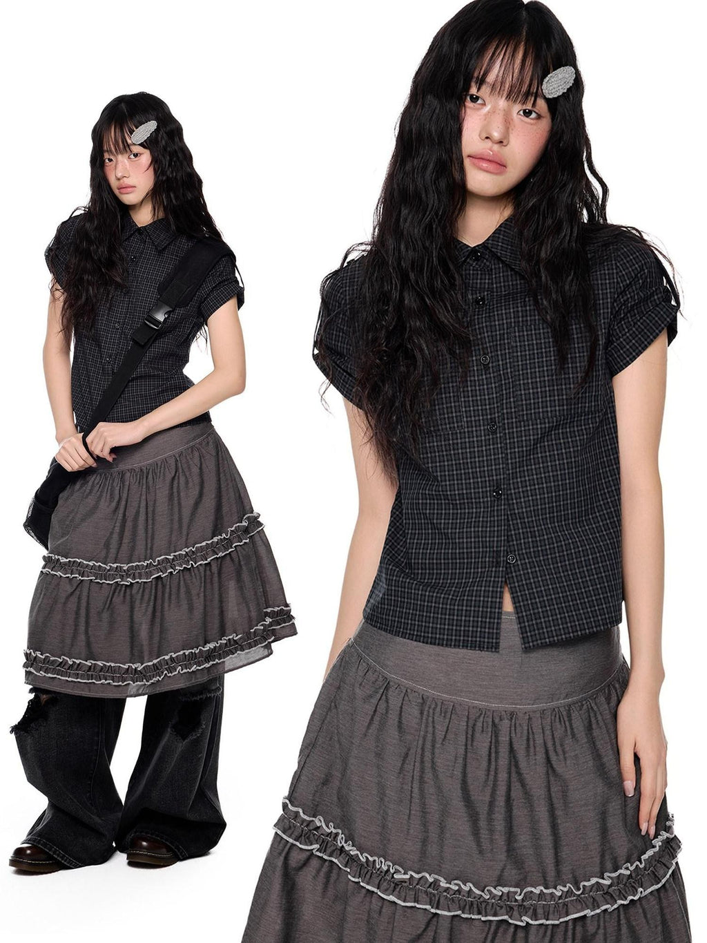 EZEK Plaid Cropped Button Lapel Women's Pure Cotton Short Sleeve T-shirts