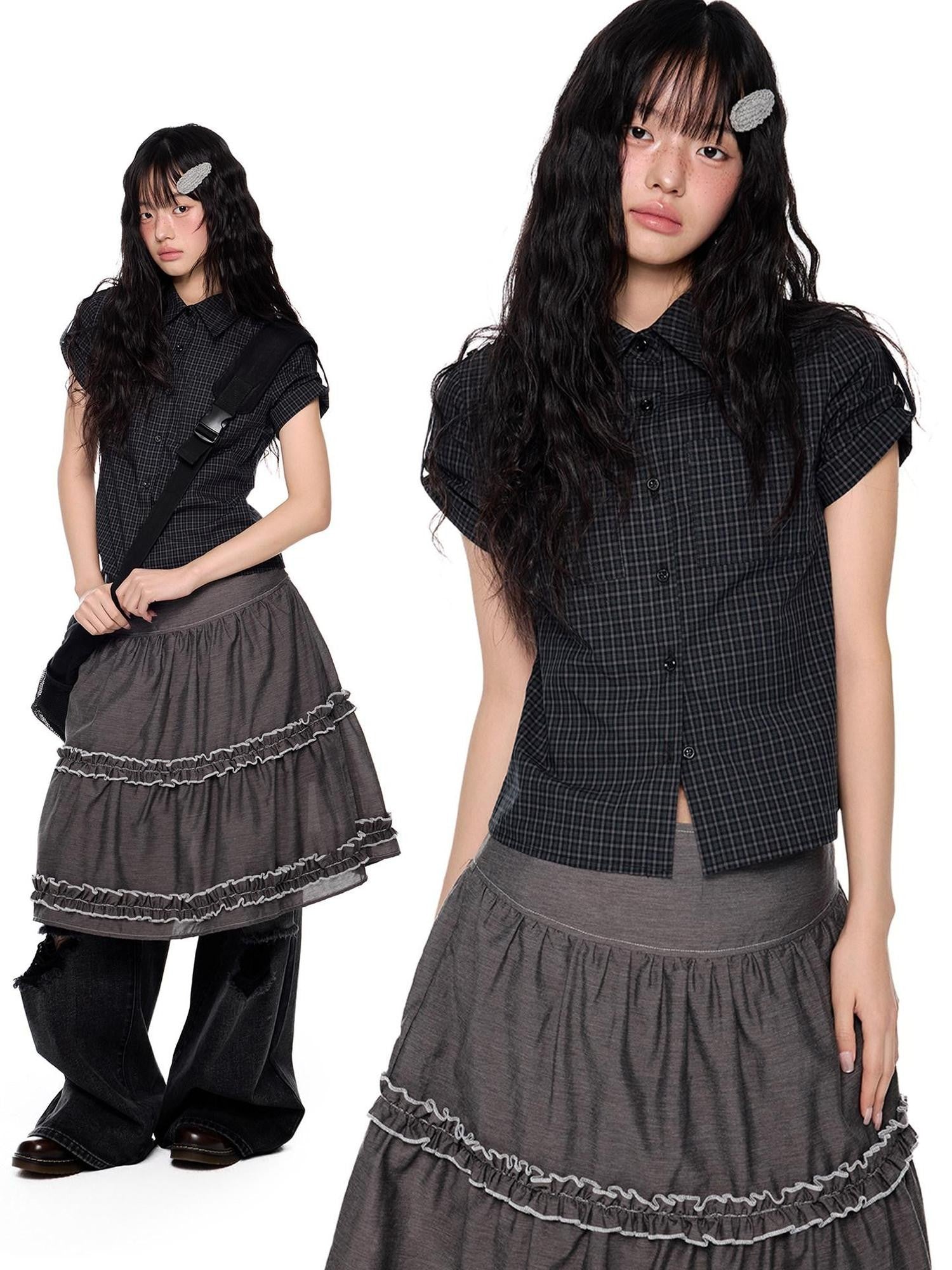 EZEK Plaid Cropped Button Lapel Women's Pure Cotton Short Sleeve T-shirts