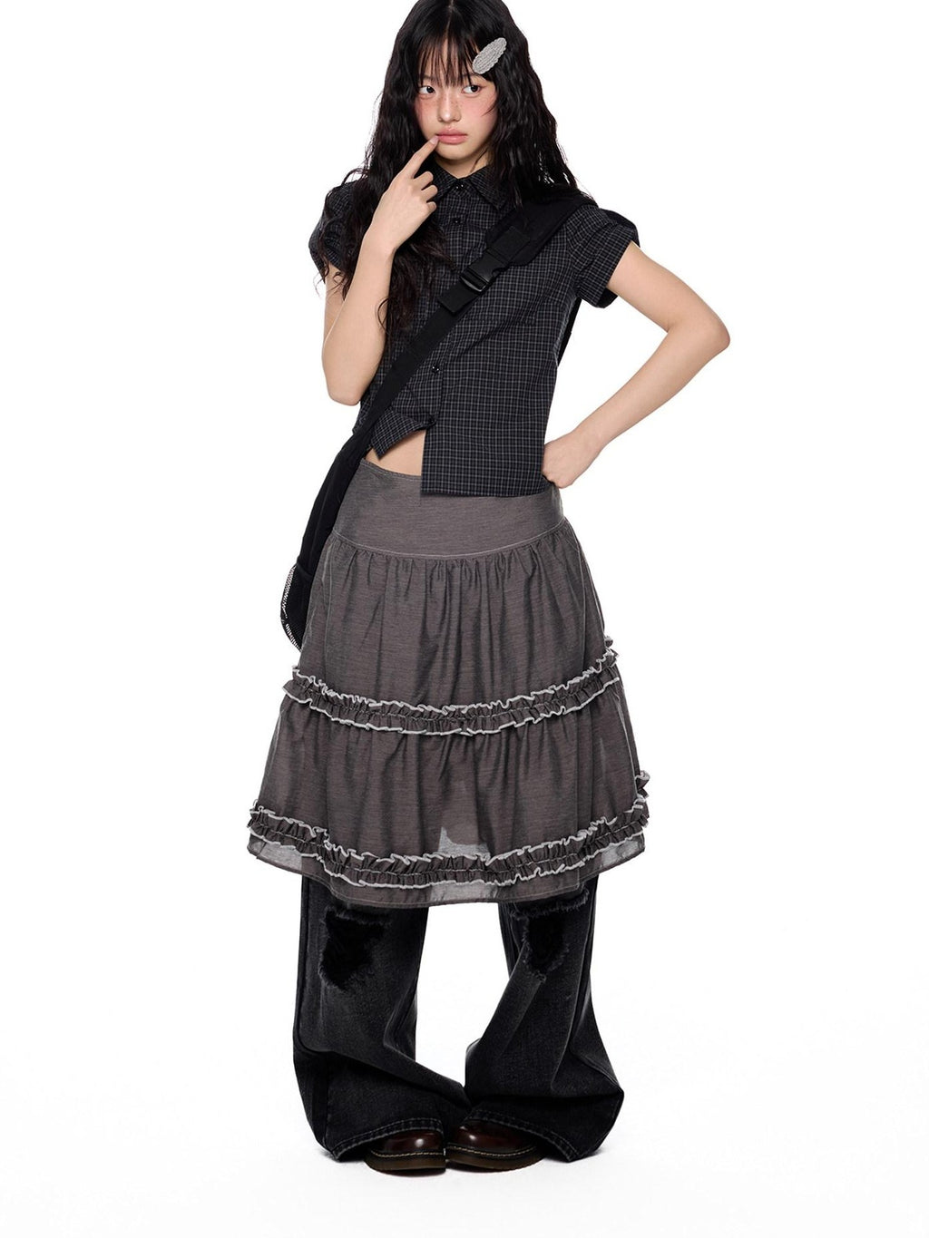 EZEK Plaid Cropped Button Lapel Women's Pure Cotton Short Sleeve T-shirts