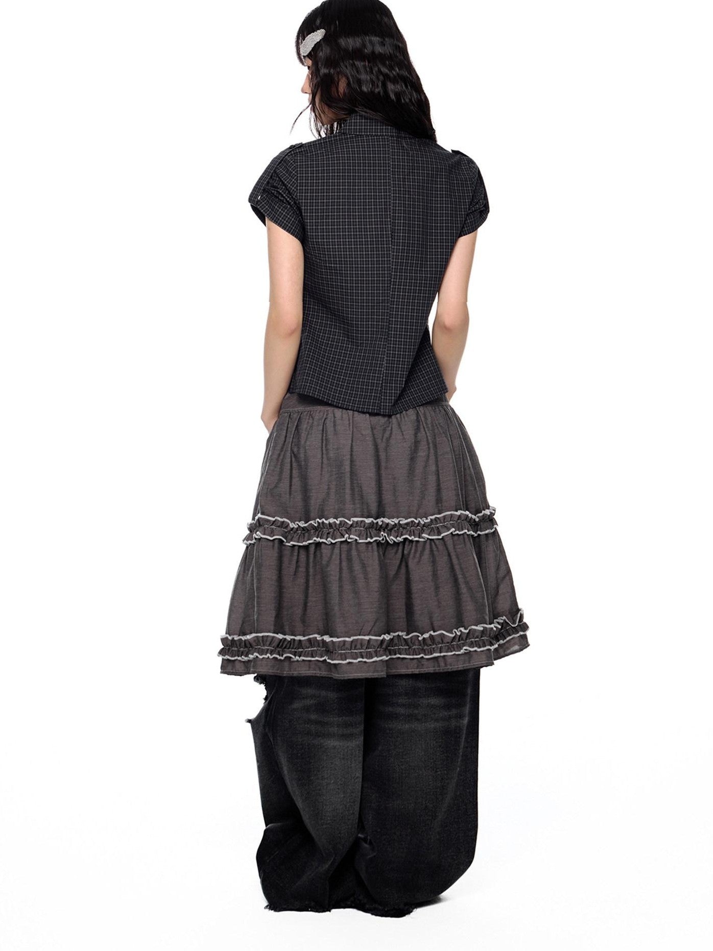 EZEK Plaid Cropped Button Lapel Women's Pure Cotton Short Sleeve T-shirts
