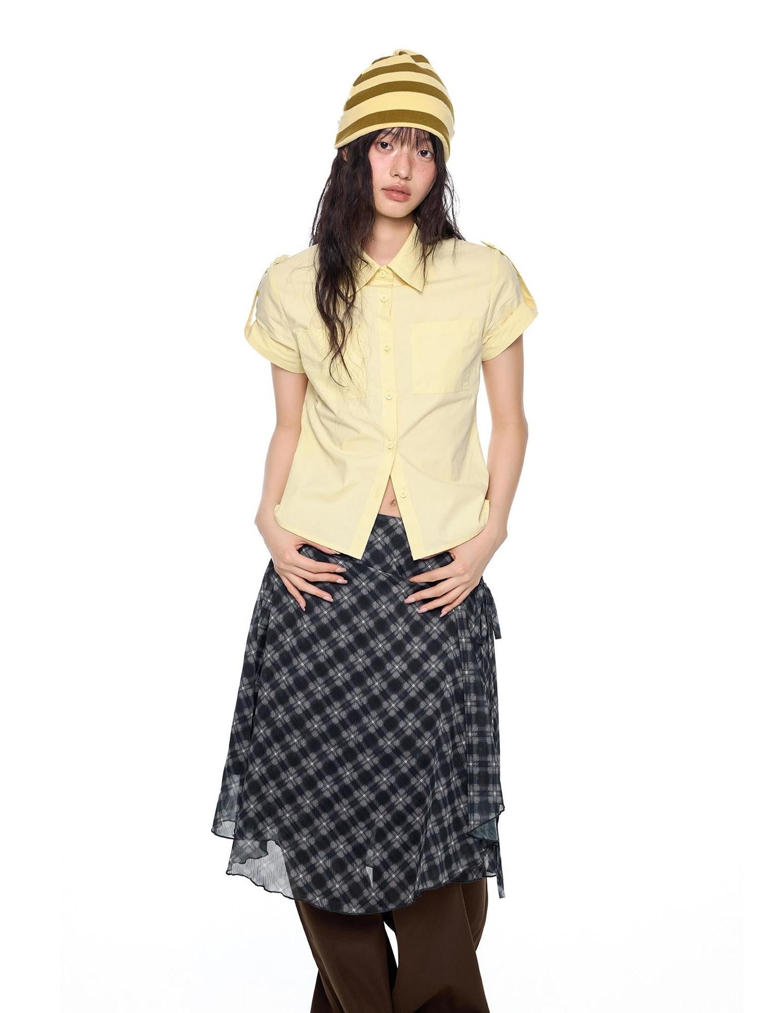 EZEK Plaid Cropped Button Lapel Women's Pure Cotton Short Sleeve T-shirts