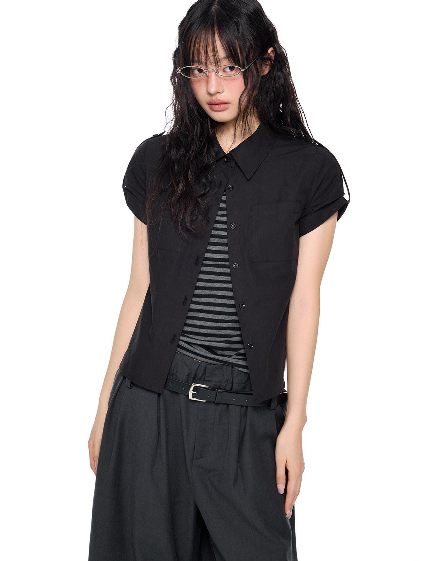 EZEK Plaid Cropped Button Lapel Women's Pure Cotton Short Sleeve T-shirts