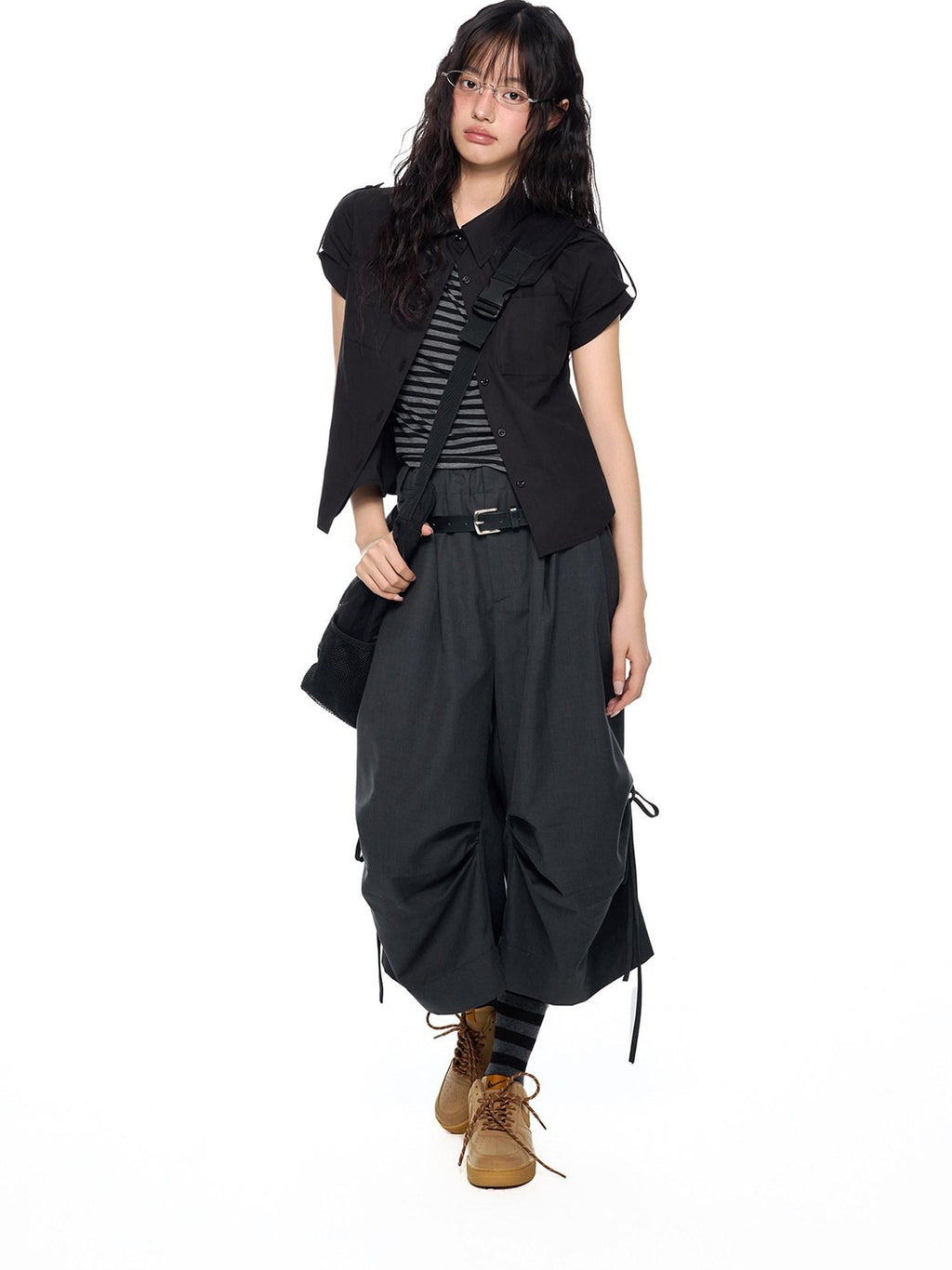 EZEK Plaid Cropped Button Lapel Women's Pure Cotton Short Sleeve T-shirts