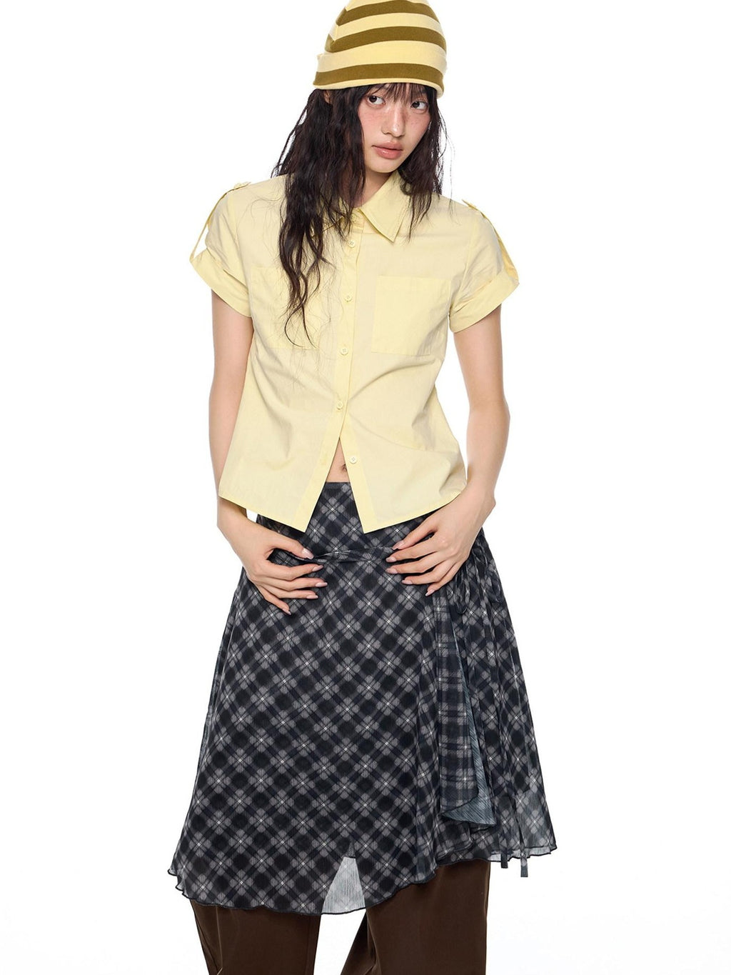 EZEK Plaid Cropped Button Lapel Women's Pure Cotton Short Sleeve T-shirts