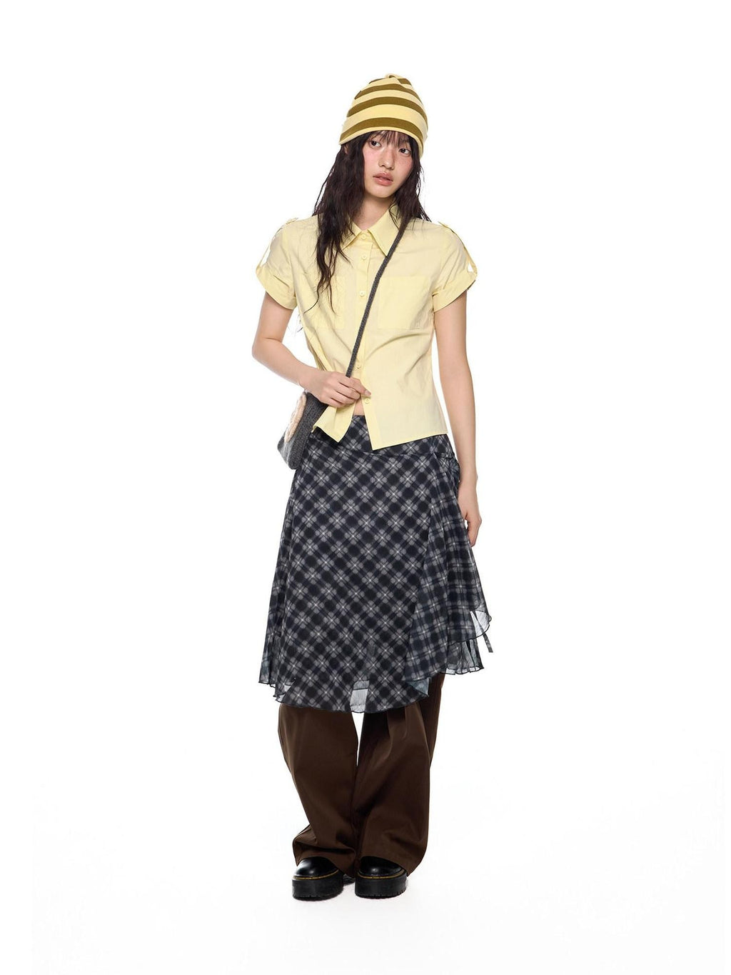 EZEK Plaid Cropped Button Lapel Women's Pure Cotton Short Sleeve T-shirts