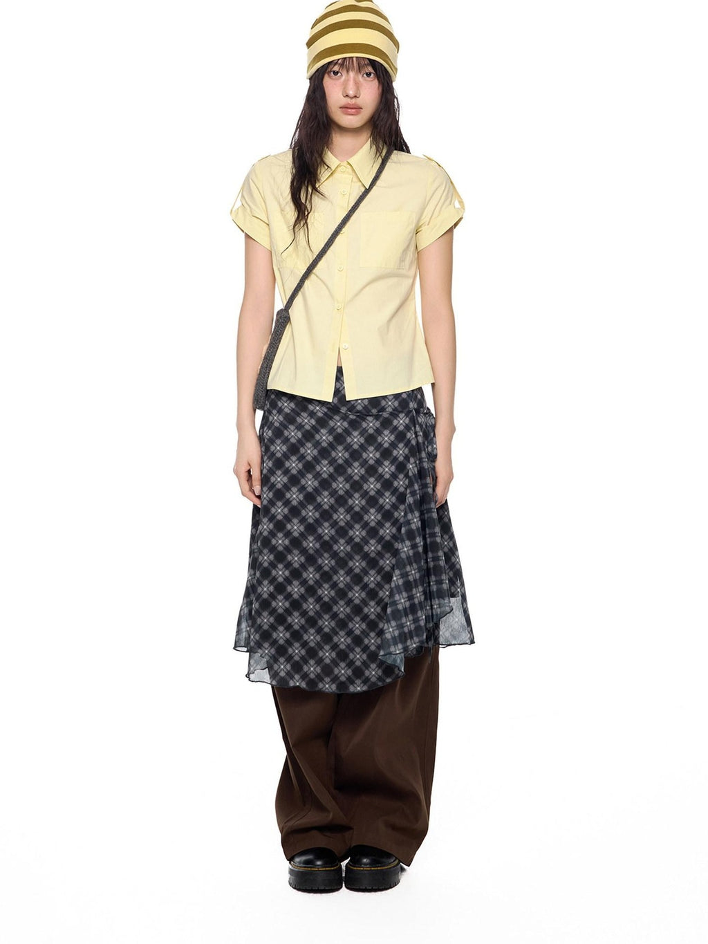 EZEK Plaid Cropped Button Lapel Women's Pure Cotton Short Sleeve T-shirts