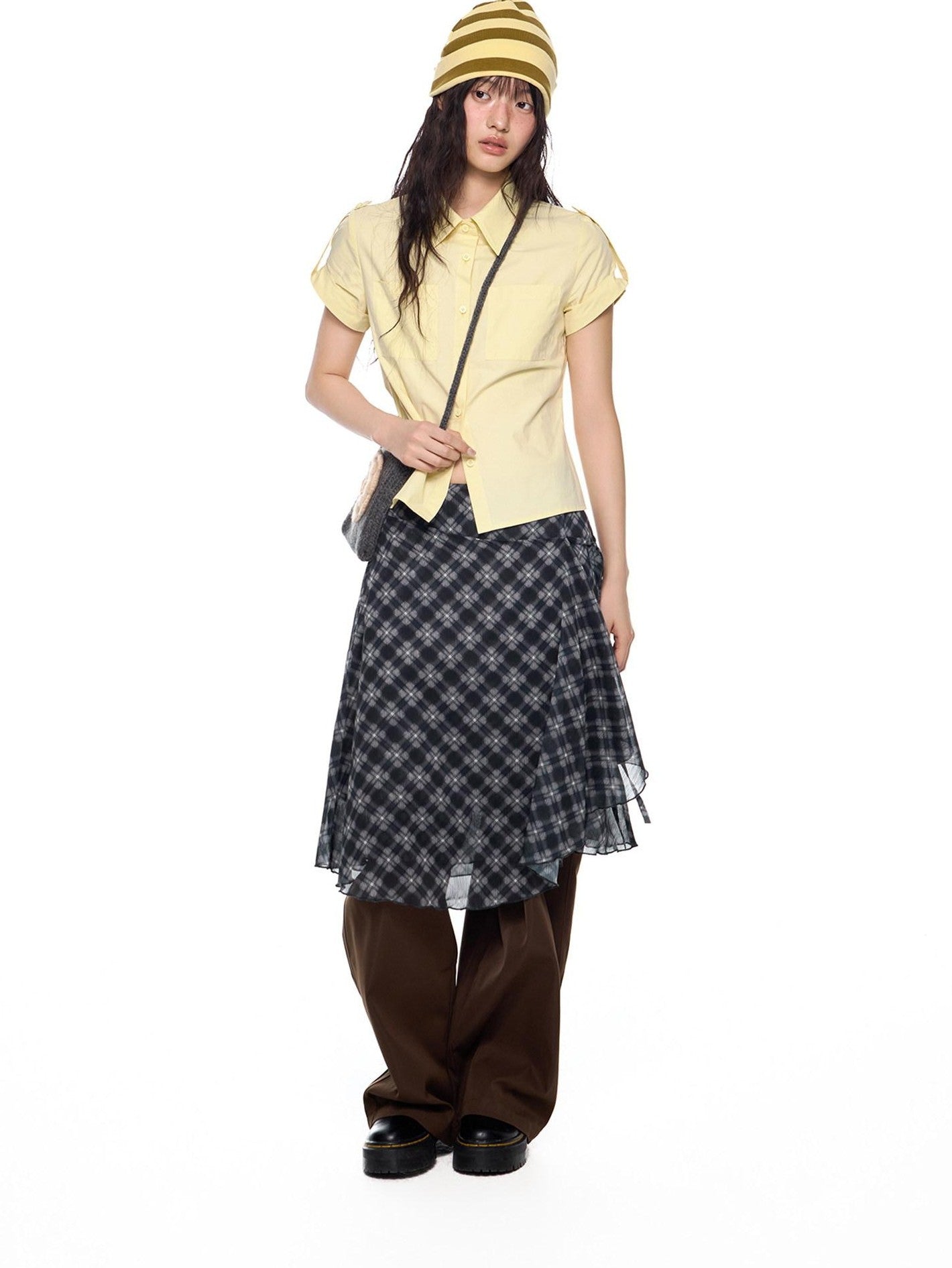EZEK Plaid Cropped Button Lapel Women's Pure Cotton Short Sleeve T-shirts