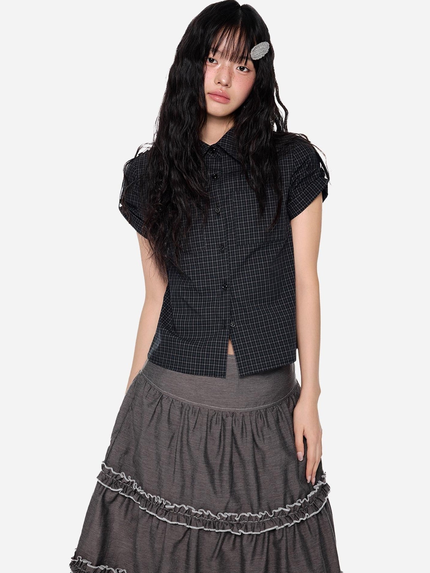 EZEK Plaid Cropped Button Lapel Women's Pure Cotton Short Sleeve T-shirts