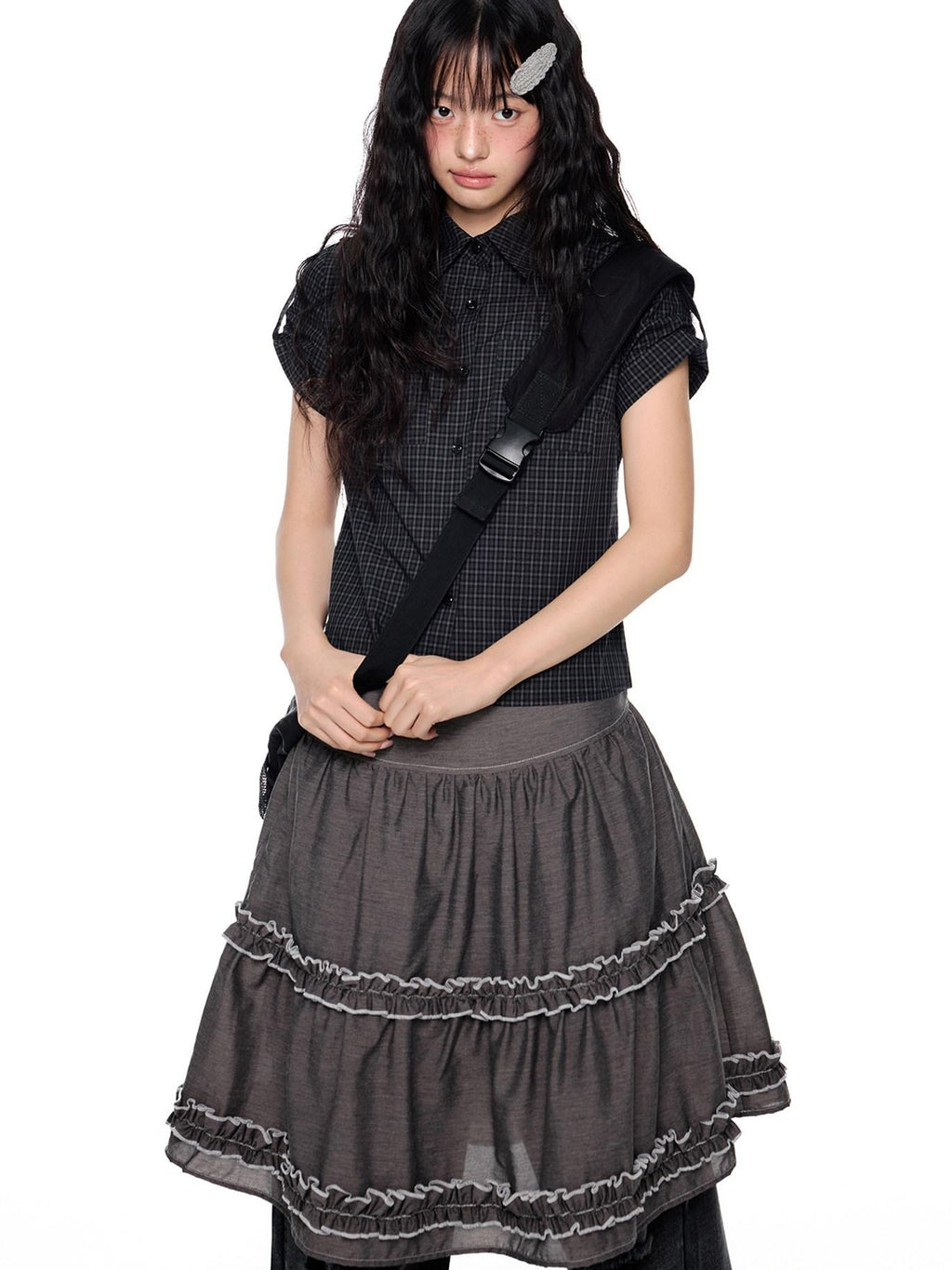EZEK Plaid Cropped Button Lapel Women's Pure Cotton Short Sleeve T-shirts