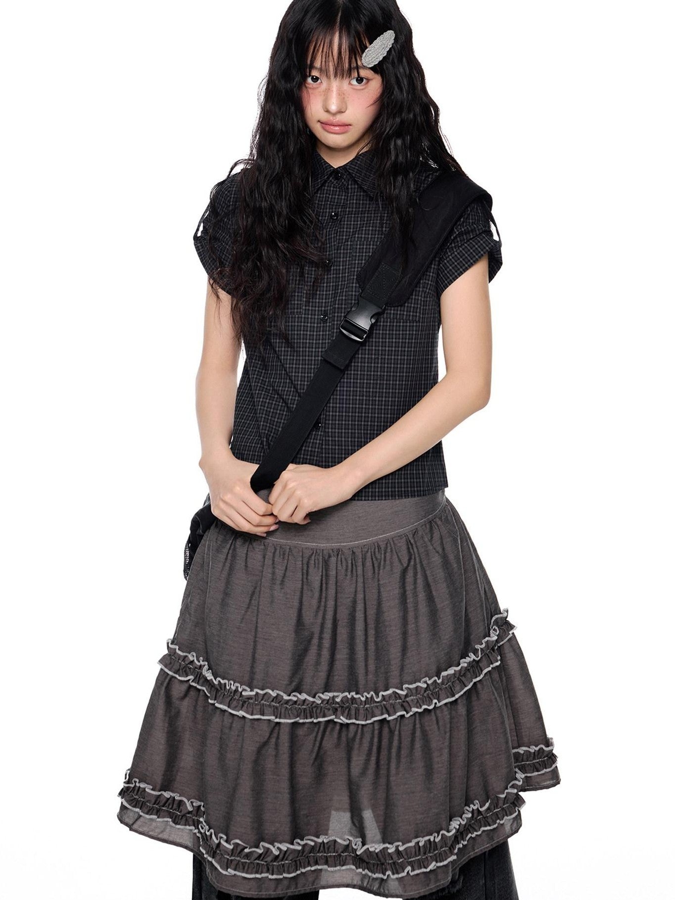 EZEK Plaid Cropped Button Lapel Women's Pure Cotton Short Sleeve T-shirts