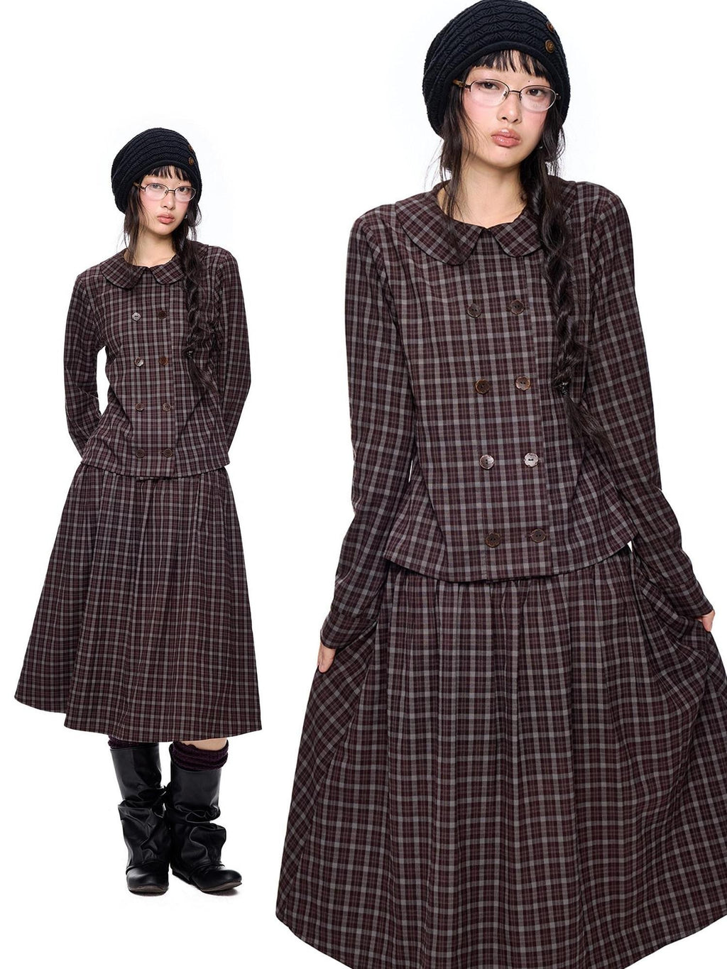 EZEK Plaid Doll Collar Double Breasted Long Sleeve Women's 100 Percent Cotton Blouses