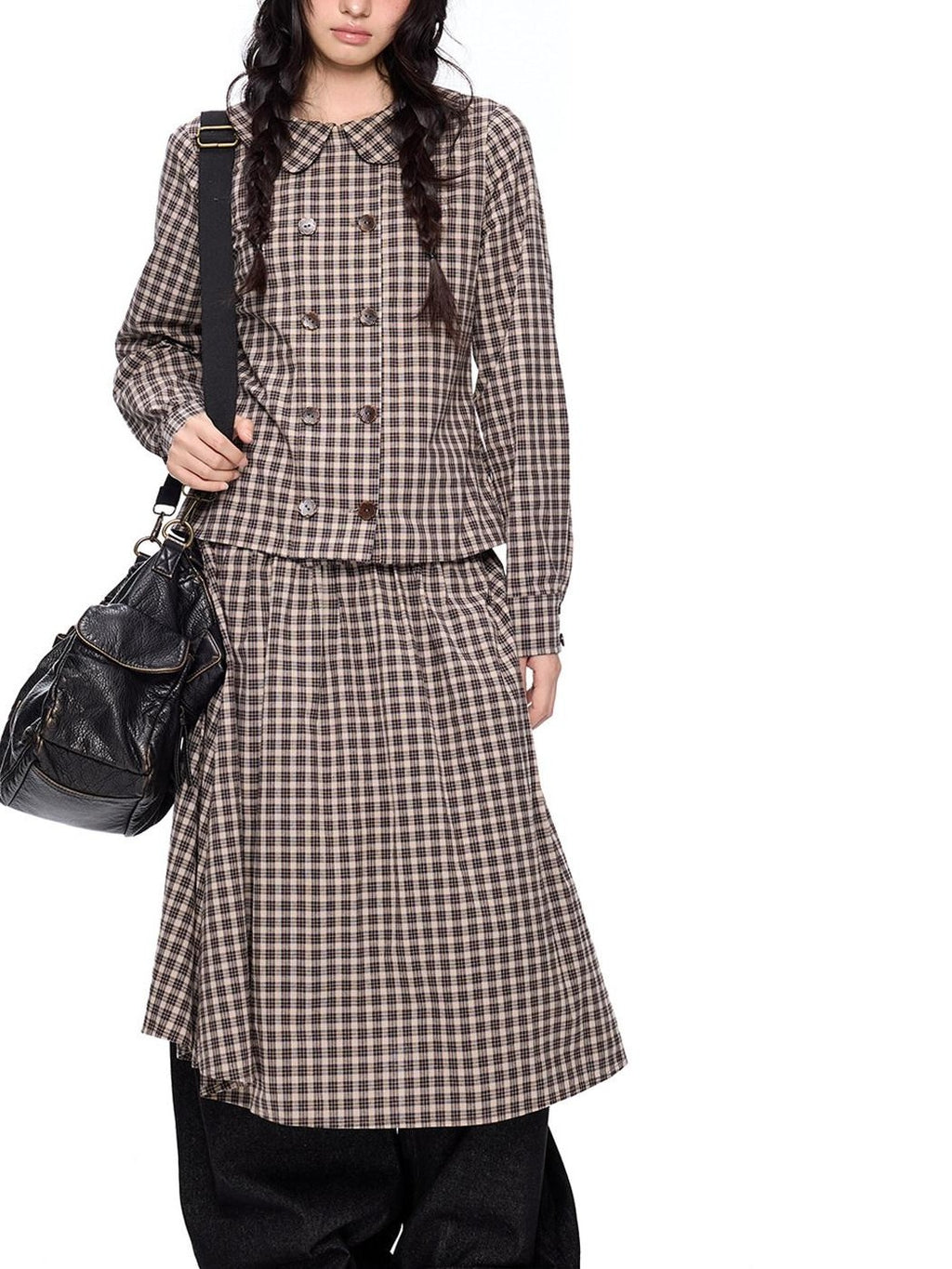 EZEK Plaid Doll Collar Double Breasted Long Sleeve Women's 100 Percent Cotton Blouses