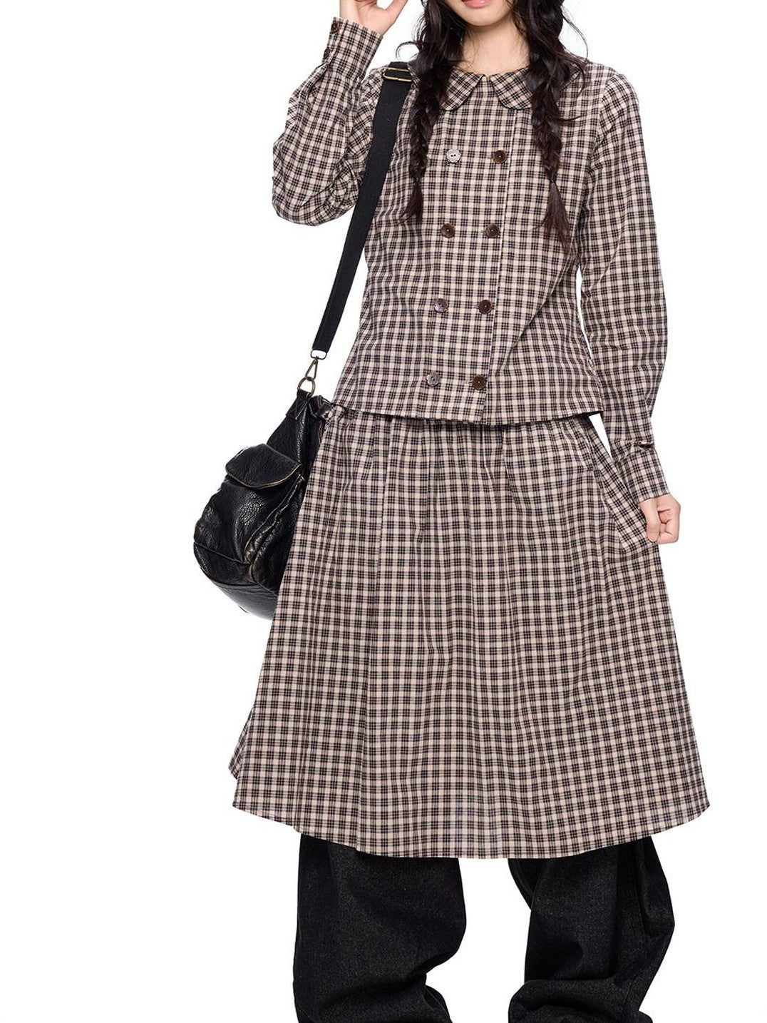 EZEK Plaid Doll Collar Double Breasted Long Sleeve Women's 100 Percent Cotton Blouses