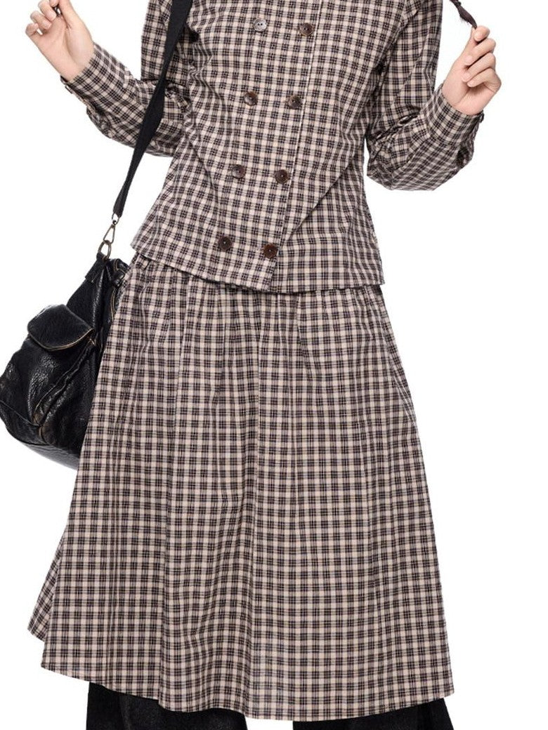 EZEK Plaid Doll Collar Double Breasted Long Sleeve Women's 100 Percent Cotton Blouses