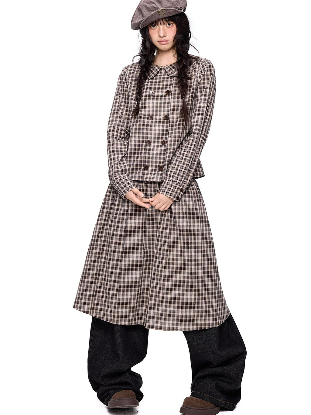 EZEK Plaid Doll Collar Double Breasted Long Sleeve Women's 100 Percent Cotton Blouses