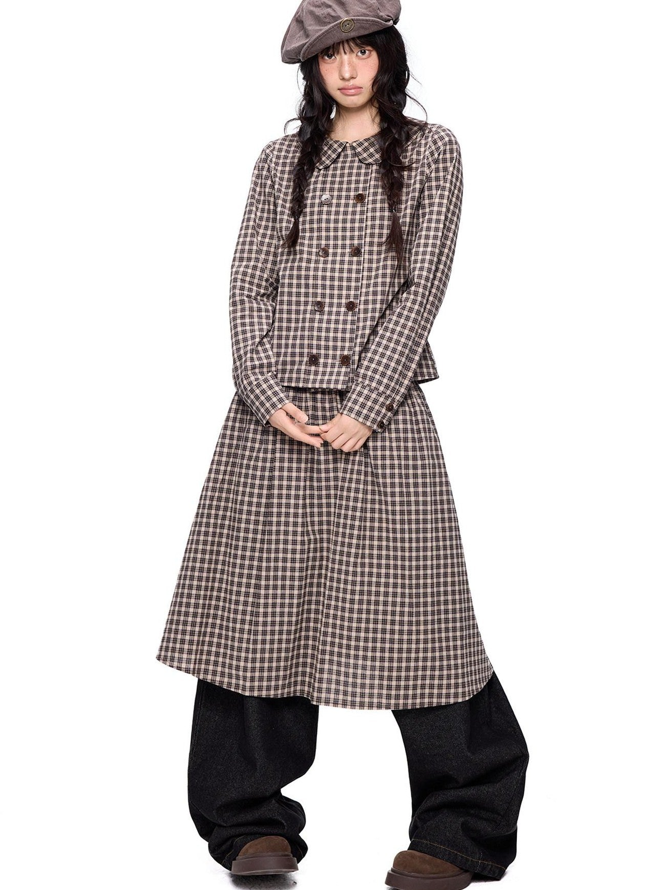 EZEK Plaid Doll Collar Double Breasted Long Sleeve Women's 100 Percent Cotton Blouses