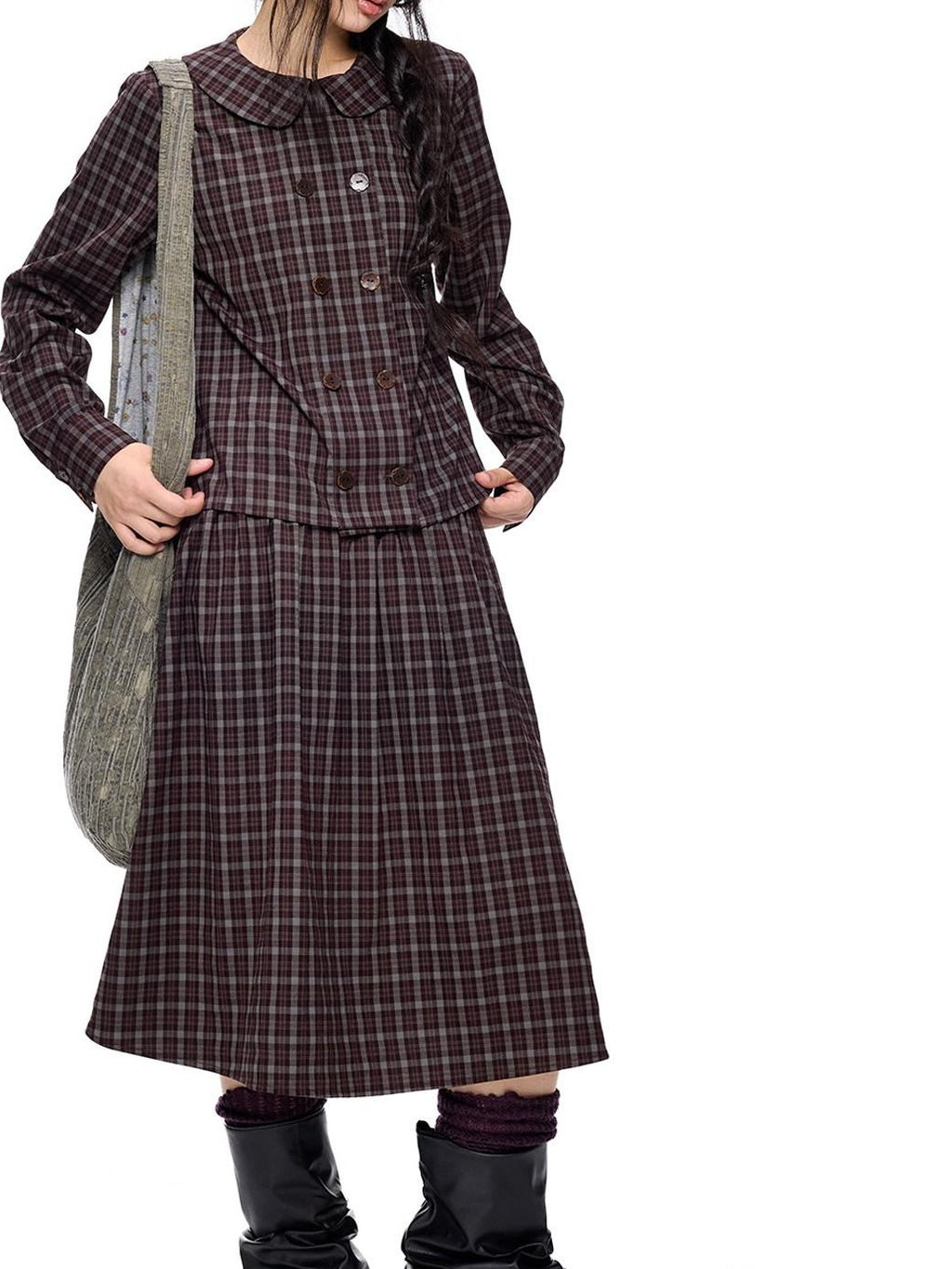 EZEK Plaid Doll Collar Double Breasted Long Sleeve Women's 100 Percent Cotton Blouses