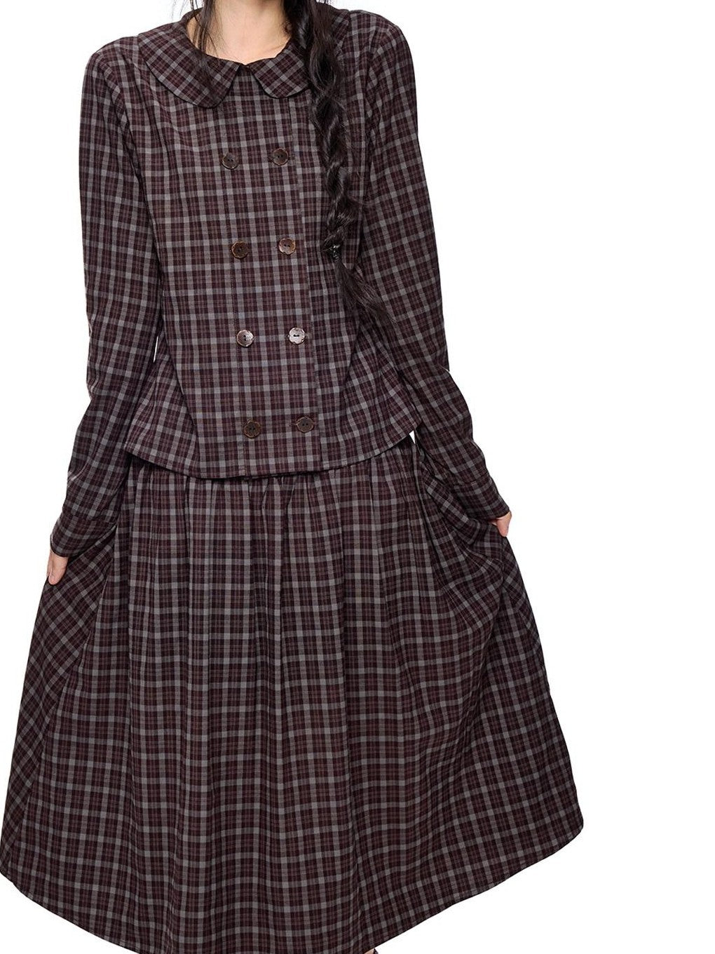 EZEK Plaid Doll Collar Double Breasted Long Sleeve Women's 100 Percent Cotton Blouses