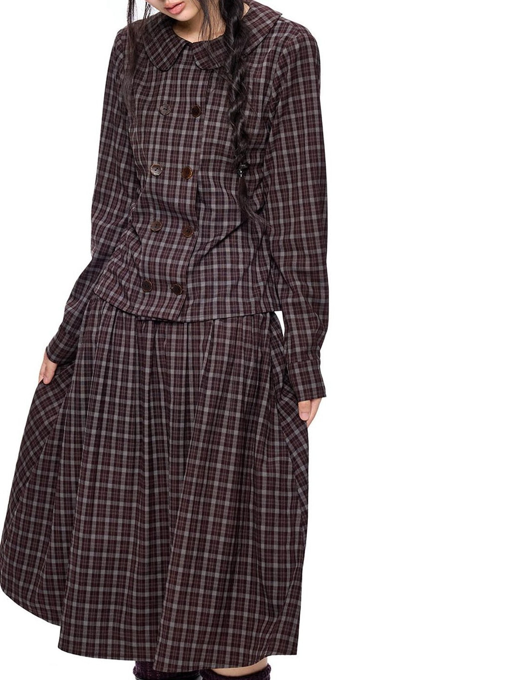 EZEK Plaid Doll Collar Double Breasted Long Sleeve Women's 100 Percent Cotton Blouses