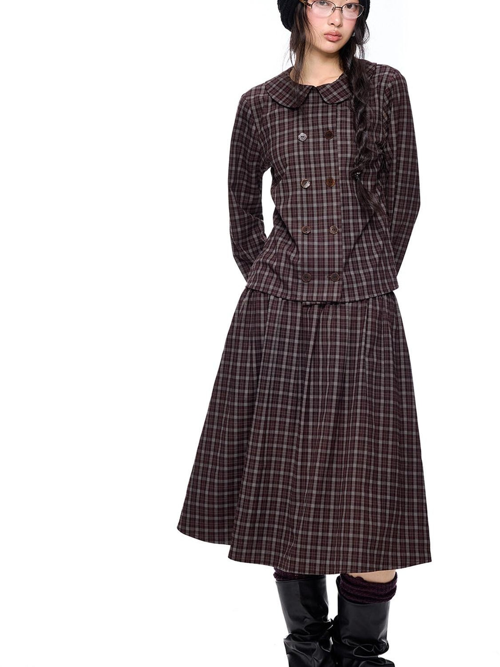 EZEK Plaid Doll Collar Double Breasted Long Sleeve Women's 100 Percent Cotton Blouses