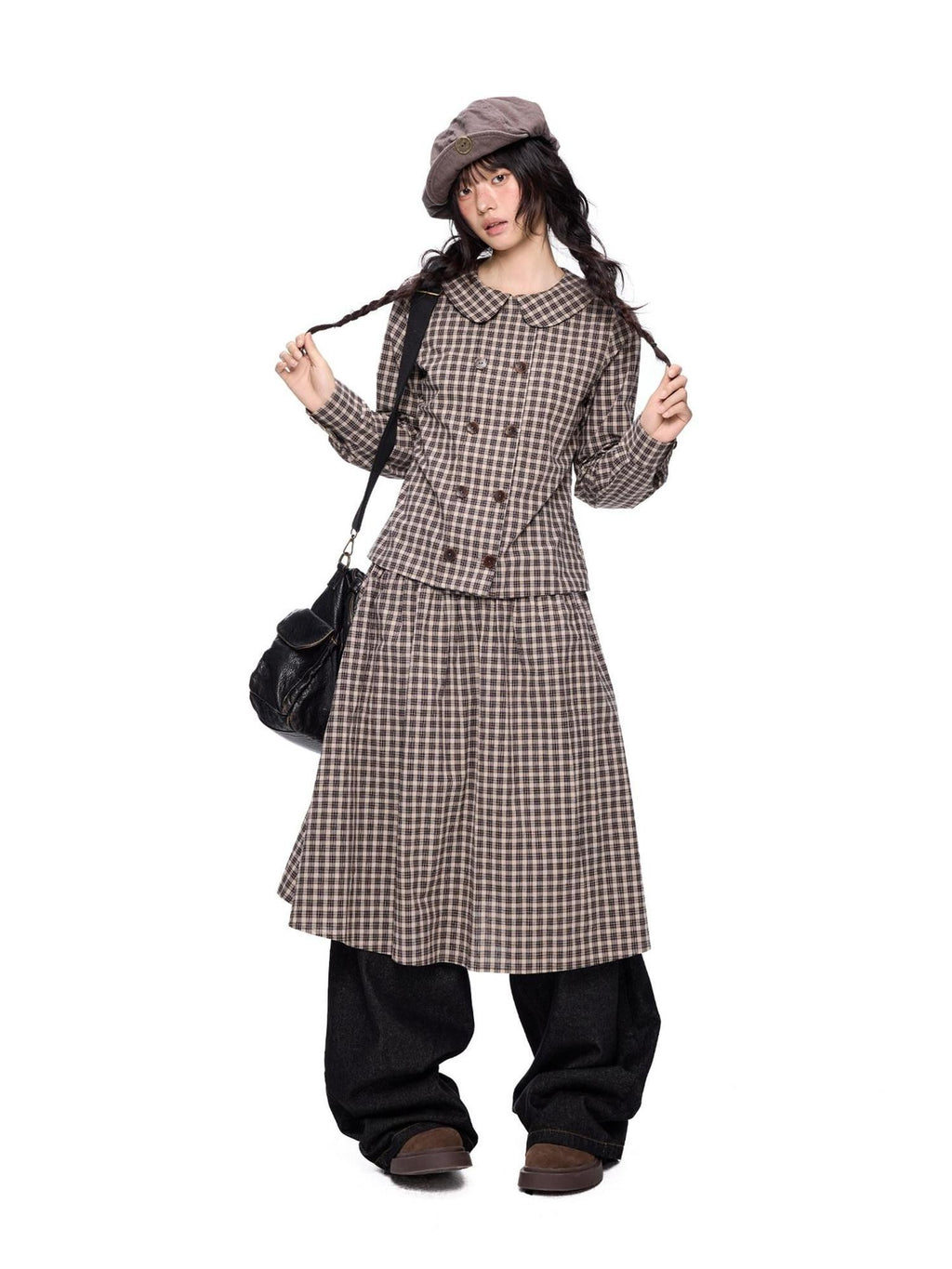 EZEK Plaid Doll Collar Double Breasted Long Sleeve Women's 100 Percent Cotton Blouses