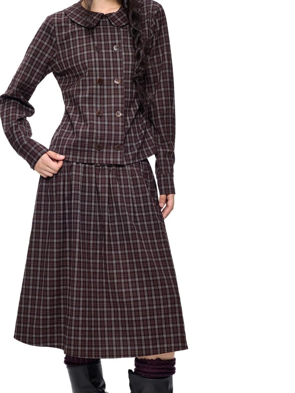 EZEK Plaid Doll Collar Double Breasted Long Sleeve Women's 100 Percent Cotton Blouses