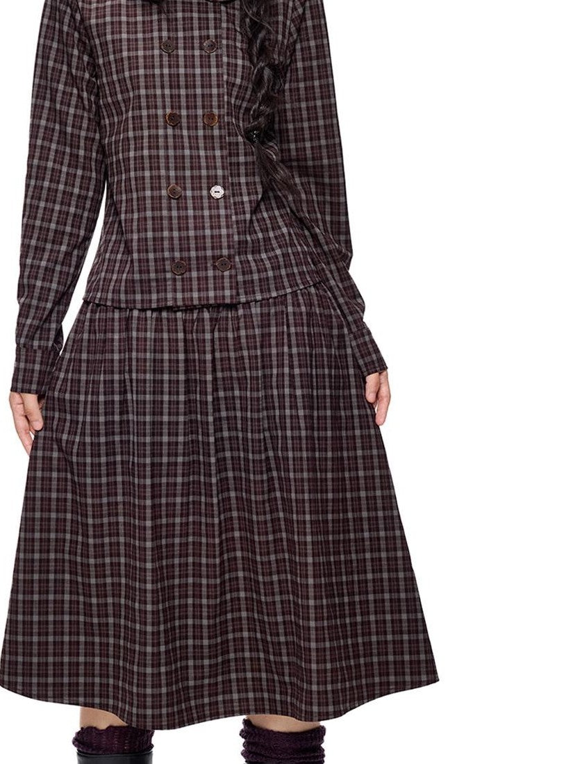 EZEK Plaid Doll Collar Double Breasted Long Sleeve Women's 100 Percent Cotton Blouses