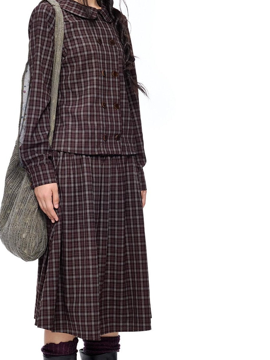 EZEK Plaid Doll Collar Double Breasted Long Sleeve Women's 100 Percent Cotton Blouses