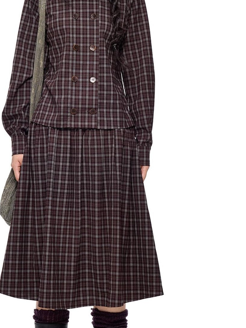 EZEK Plaid Doll Collar Double Breasted Long Sleeve Women's 100 Percent Cotton Blouses