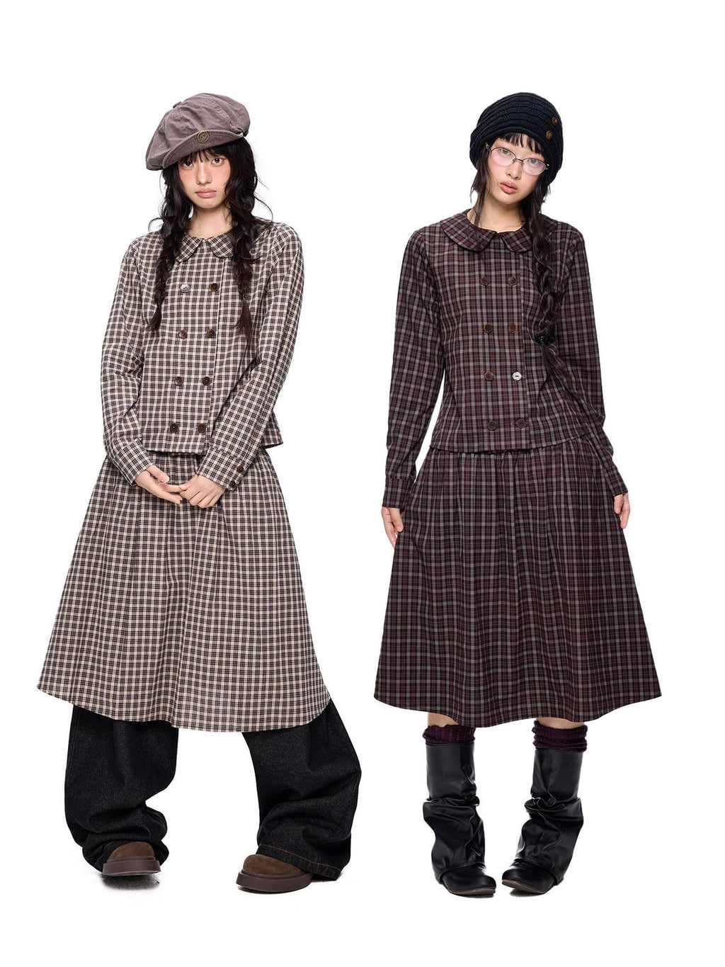 EZEK Plaid Doll Collar Double Breasted Long Sleeve Women's 100 Percent Cotton Blouses